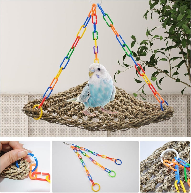 MUYG Bird Swing Toys,Parakeet Seagrass Mat,Edible Triangle Seagrass Hammock with Color Toys Handmade Woven Natural Grass Net Hanging on Parrot Cage for Budgies Lovebird Canary Cockatiel Finch Hamster - Image 4